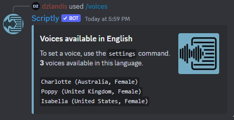 An embed showing all of the English voices Scriptly offers