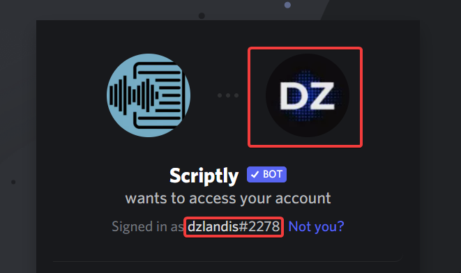 Image showing Scriptly trying to be invited to a Discord server, highlighting of the profile picture, username, and showing of the &quot;Not you&quot; button