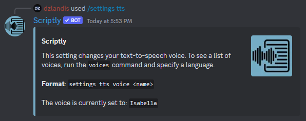 Picture showing what the setting is set to and the options for changing it, specifically for changing the TTS voice