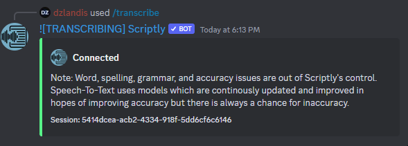 Picture showing the usage of the transcribe command