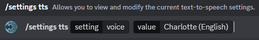 Picture showing what the settings tts slash command looks like when typed in