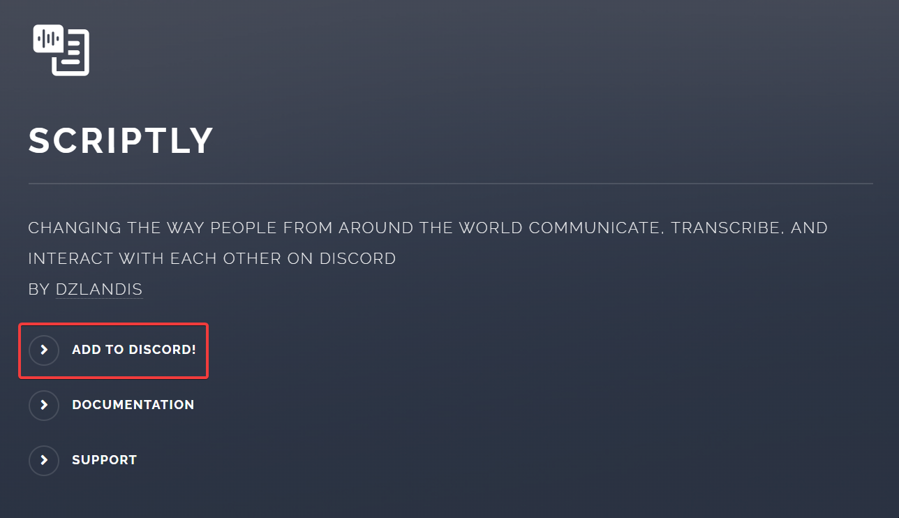 Add to Discord Button on Scriptly Website